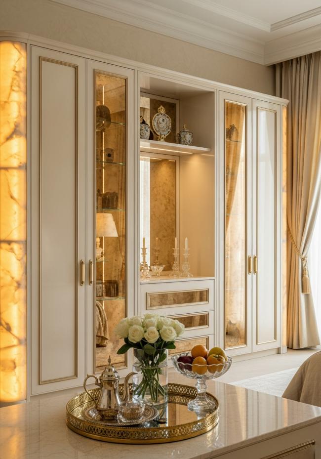 custom bedroom wardrobe with warm reflective gold, mirror-quality on frame profiles, satin on panel faces and 304 stainless steel structure