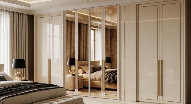 bedroom wardrobe installed for primary bedroom walk-in wardrobe for luxury residences, hospitality suites, and boutique residential developments with coordinated material palette