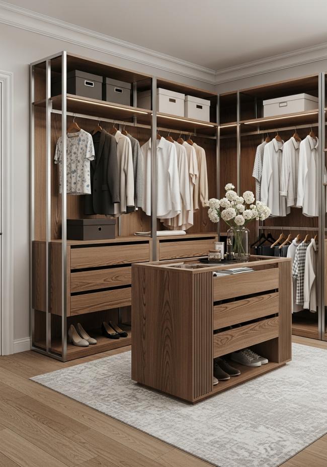 custom custom walk-in closet with deep red-brown tone, tight fine grain running vertical, ultra-matte oiled appearance, rich but not glossy and 304 stainless steel structure