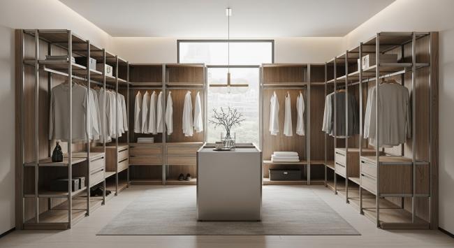 custom walk-in closet installed for primary walk-in closet for luxury residential applications; suitable for master suites in villas, penthouses, and heritage-informed contemporary homes; supports garment storage, accessory display, and intimate dressing rituals with coordinated material palette