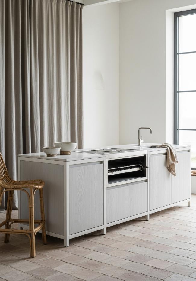 custom outdoor cabinet with pale silvery-grey tone, visible grain texture, matte dry surface, sun-bleached appearance and 304 stainless steel structure
