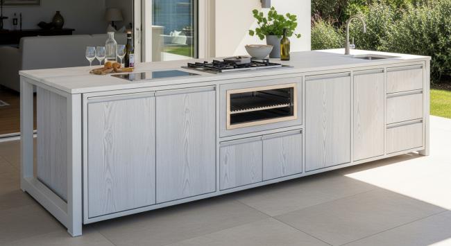 outdoor cabinet installed for primary outdoor kitchen island for residential terraces, pool houses, coastal properties, and garden pavilions; designed for integrated grills, refrigeration, and open-air dining with coordinated material palette