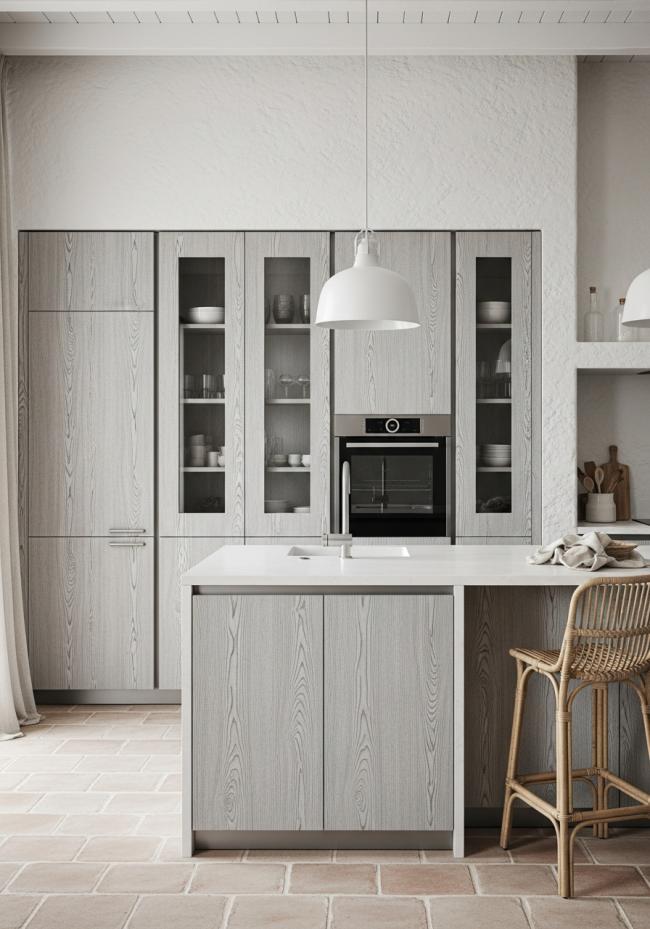 custom modern kitchen cabinet with pale silvery-grey tone, visible grain texture, matte dry surface, sun-bleached appearance and 304 stainless steel structure