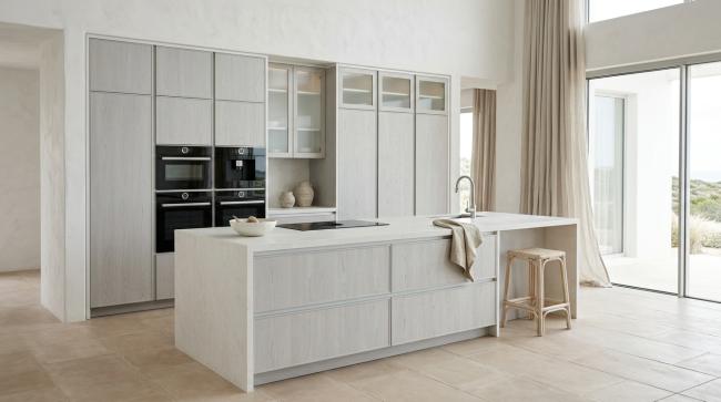 modern kitchen cabinet installed for primary residential kitchens in coastal or light-flooded environments; vacation homes seeking durability without maintenance burden; urban apartments desiring airy openness with coordinated material palette