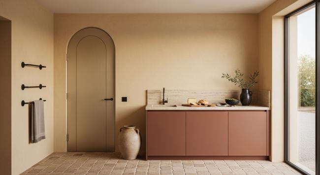 interior door installed for residential entryways, interior courtyard transitions, villa living spaces, hospitality lobbies seeking warm mediterranean character with coordinated material palette