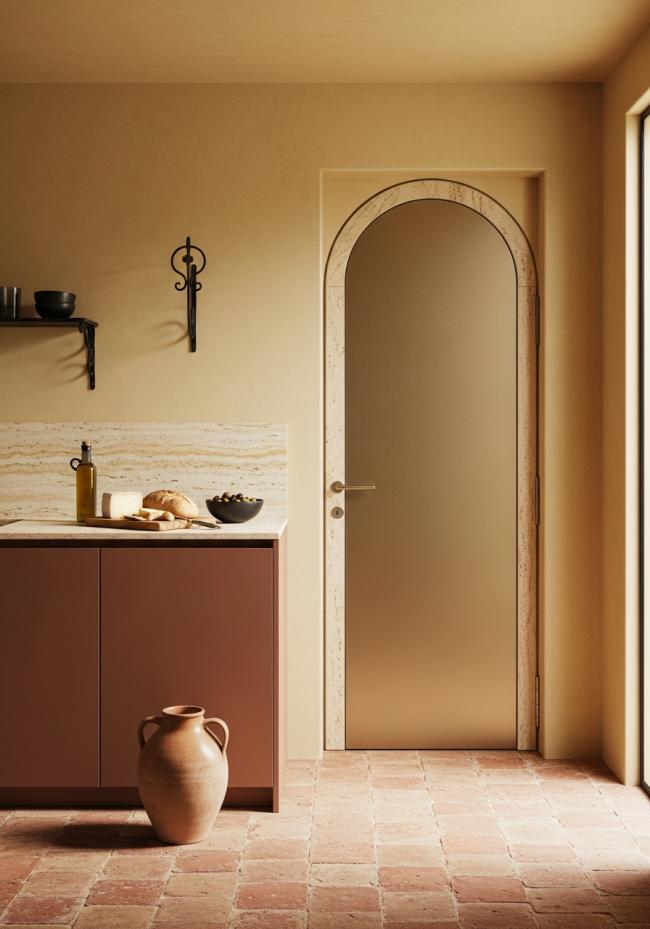 custom interior door with soft yellow-warm metallic, satin brushed, subtle and not flashy and 304 stainless steel structure