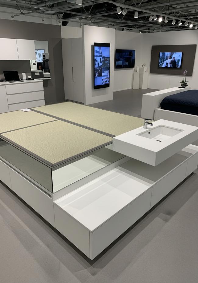 custom custom tatami bed with mirror-polished stainless steel cabinet fronts and 304 stainless steel structure