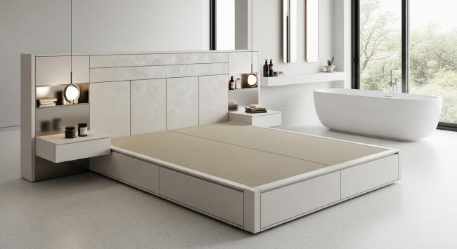 custom tatami bed installed for primary bedroom in luxury residences, designer hospitality suites, wellness-focused sleeping environments, architect-specified minimalist interiors with coordinated material palette