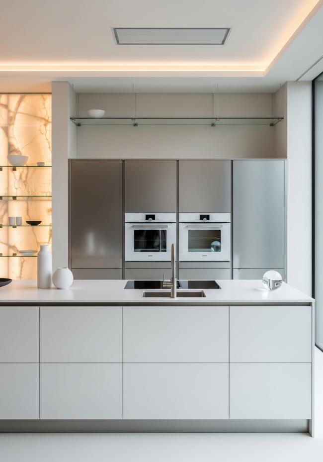 custom modern kitchen cabinet with mirror-polished stainless steel cabinet fronts and 304 stainless steel structure