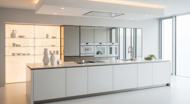 modern kitchen cabinet installed for primary kitchen island for luxury residential, architect-designed interiors, gallery-like living spaces with coordinated material palette