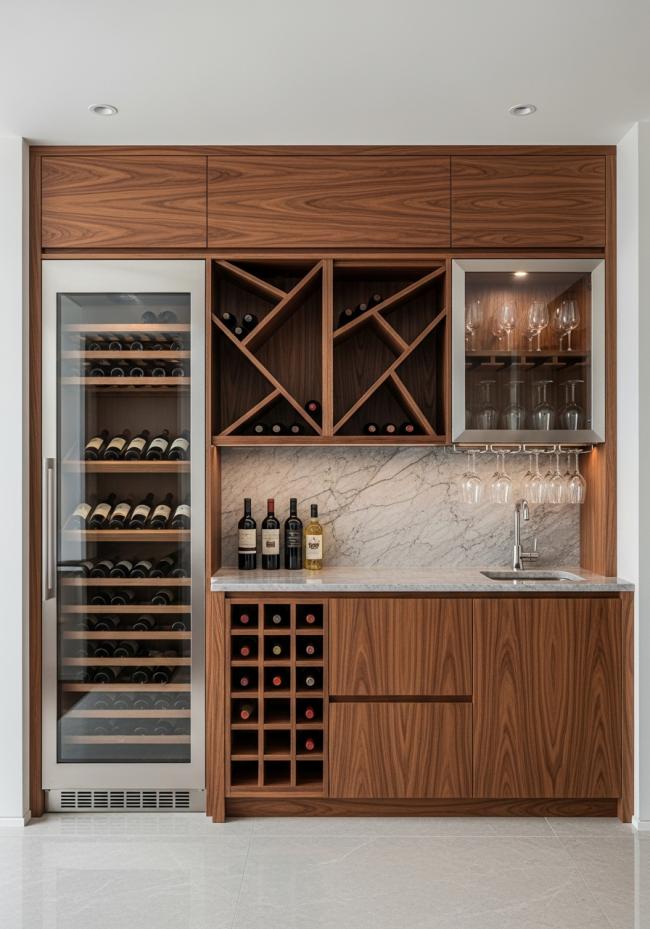 custom wine storage cabinet with deep red-brown tone, tight fine grain running vertical, ultra-matte oiled appearance, rich but not glossy and 304 stainless steel structure