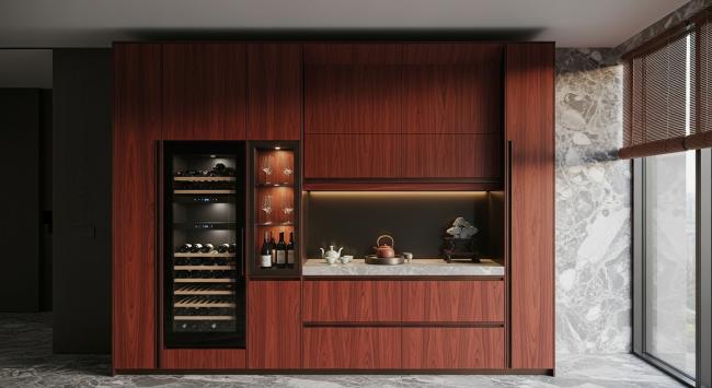 wine storage cabinet installed for residential wine storage for 80-120 bottles, dual-zone temperature control, living room or dining room placement, collector display and aging with coordinated material palette