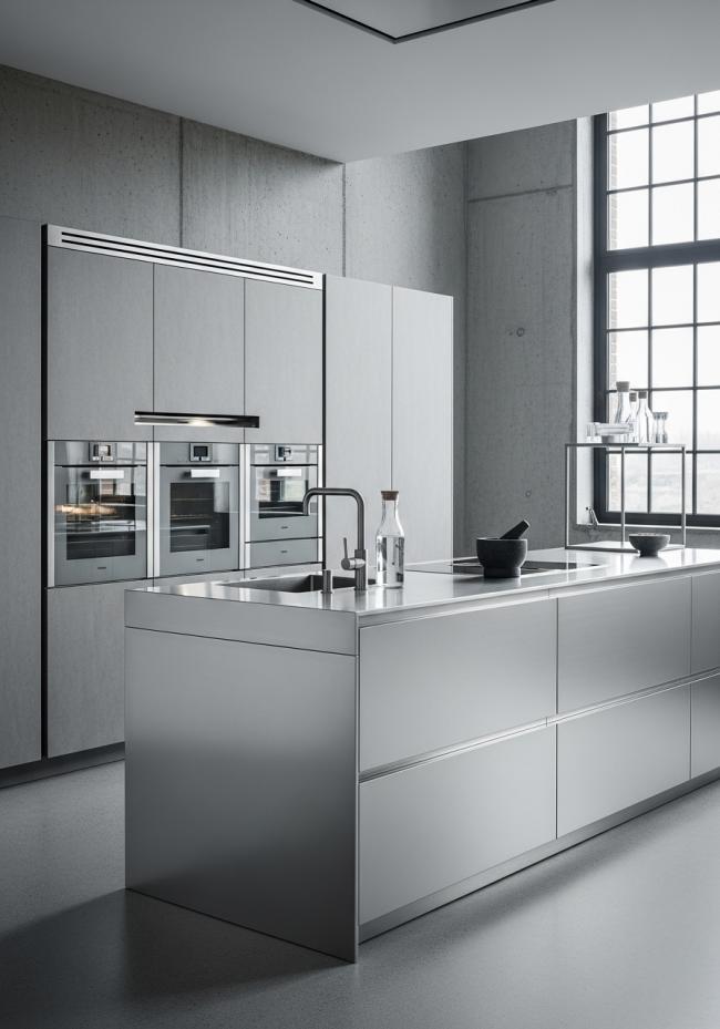 custom modern kitchen cabinet with fine linear grain running horizontal, controlled matte sheen, industrial-precise and 304 stainless steel structure