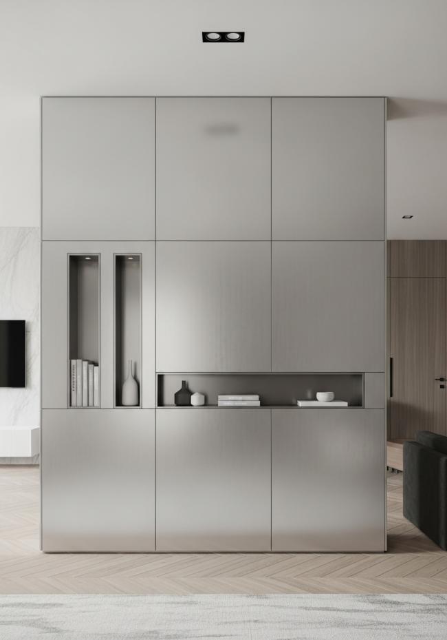 custom decorative wall panel with mirror-polished stainless steel cabinet fronts and 304 stainless steel structure