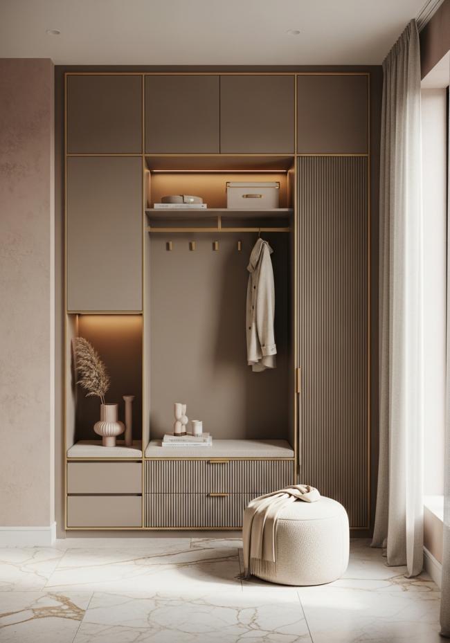 custom shoe storage cabinet with steel-based wardrobe panels with matte taupe lacquer finish and 304 stainless steel structure