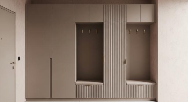 shoe storage cabinet installed for entryway or bedroom shoe and accessory storage for elevated residential interiors with coordinated material palette
