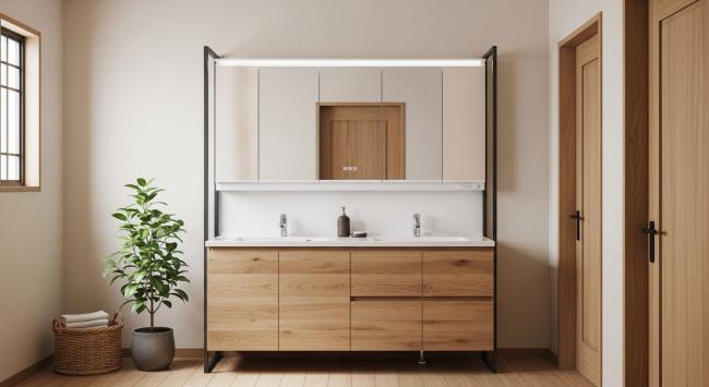 bathroom vanity cabinet installed for master bathroom vanity for residential spaces seeking calm, ritual-oriented morning environments; suitable for architects and designers specifying japandi or warm-minimal interiors with coordinated material palette