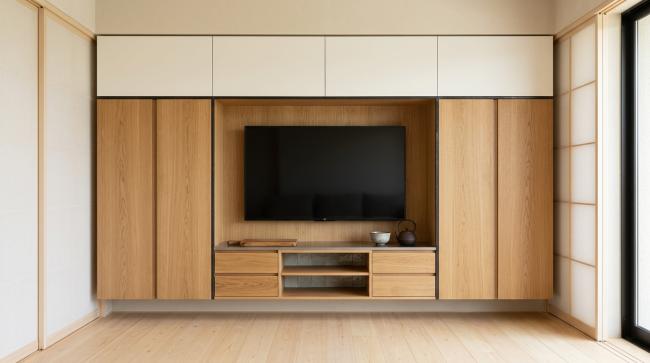 tv cabinet installed for primary living room media storage, bedroom tv console, hospitality suite entertainment unit, residential lobby display with coordinated material palette