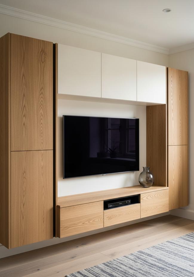 custom tv cabinet with straight grain, warm honey tone, oiled matte surface, visible but restrained grain pattern and 304 stainless steel structure