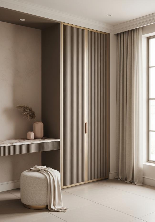 custom kids room wardrobe with steel-based wardrobe panels with matte taupe lacquer finish and 304 stainless steel structure