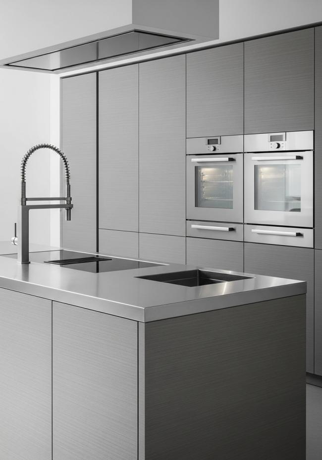 custom modern kitchen cabinet with fine linear grain running horizontal, controlled matte sheen, industrial-precise and 304 stainless steel structure