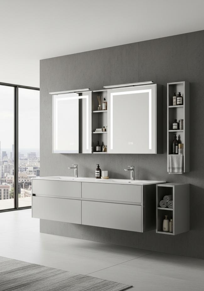 custom bathroom vanity cabinet with fine linear grain running horizontal, controlled matte sheen, industrial-precise and 304 stainless steel structure