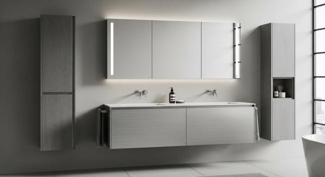 bathroom vanity cabinet installed for master bathroom vanities in urban apartments, loft conversions, industrial-style residential projects, and architect-designed hospitality spaces requiring durable, hygienic, visually restrained storage with coordinated material palette