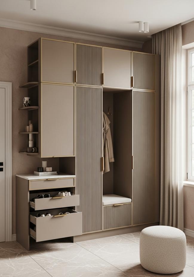 custom shoe storage cabinet with steel-based wardrobe panels with matte taupe lacquer finish and 304 stainless steel structure