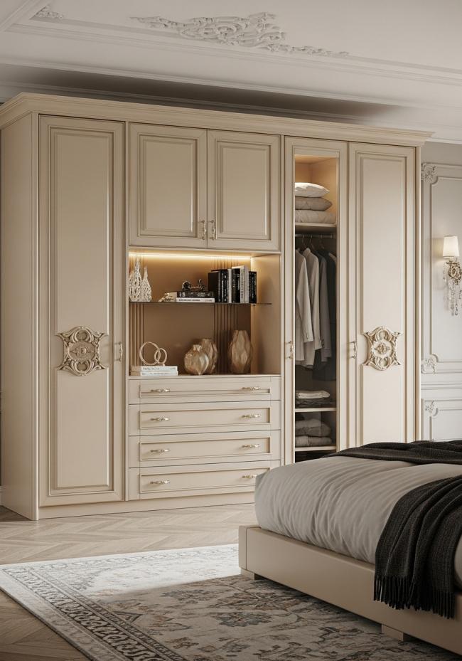 custom bedroom wardrobe with warm reflective gold, mirror-quality on frame profiles, satin on panel faces and 304 stainless steel structure