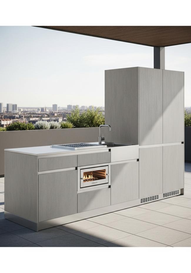 custom outdoor cabinet with fine linear grain running horizontal, controlled matte sheen, industrial-precise and 304 stainless steel structure