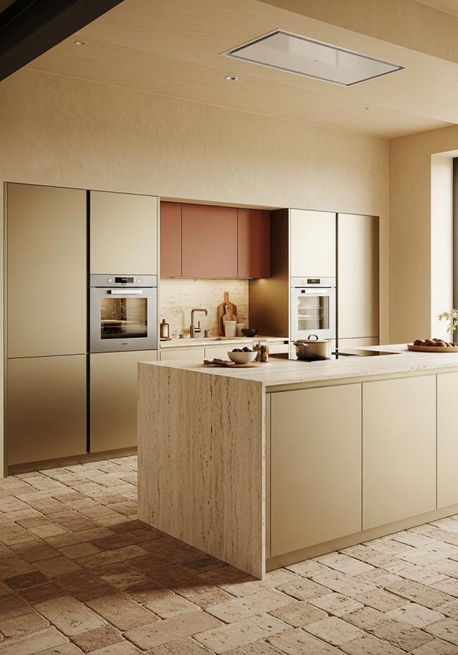 custom modern kitchen cabinet with soft yellow-warm metallic, satin brushed, subtle and not flashy and 304 stainless steel structure