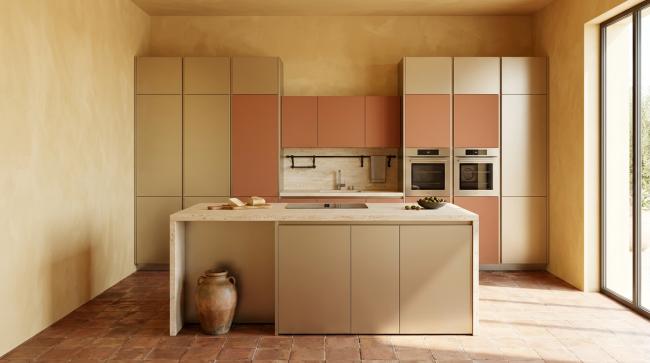 modern kitchen cabinet installed for primary kitchen island for open-plan residential spaces; designed as focal point in mediterranean, spanish revival, or warm contemporary interiors; suitable for coastal and desert climates where material warmth counters bright light with coordinated material palette