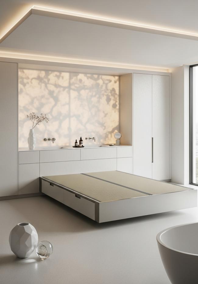 custom custom tatami bed with mirror-polished stainless steel cabinet fronts and 304 stainless steel structure