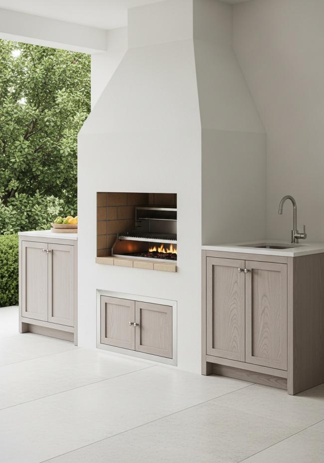 custom outdoor cabinet with pale silvery-grey tone, visible grain texture, matte dry surface, sun-bleached appearance and 304 stainless steel structure