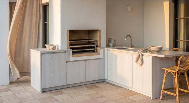 outdoor cabinet installed for residential outdoor kitchens, coastal vacation properties, rooftop terraces, garden entertaining spaces, hospitality poolside food service with coordinated material palette