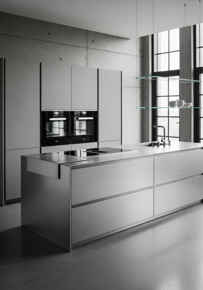 custom modern kitchen cabinet with fine linear grain running horizontal, controlled matte sheen, industrial-precise and 304 stainless steel structure
