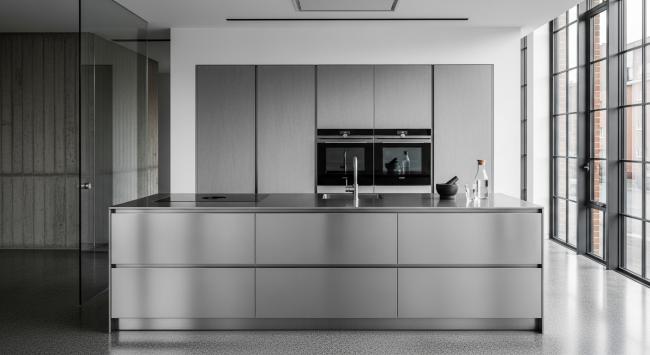modern kitchen cabinet installed for primary kitchen island system for urban lofts, converted industrial spaces, gallery residences, and architect-designed homes favoring daylight-driven minimalism with coordinated material palette