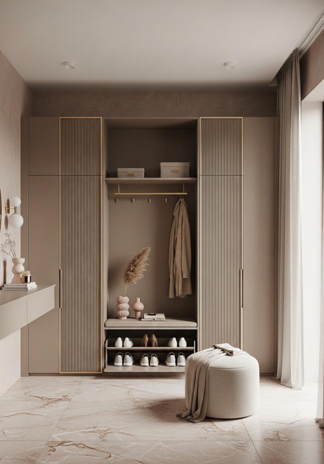 custom shoe storage cabinet with steel-based wardrobe panels with matte taupe lacquer finish and 304 stainless steel structure