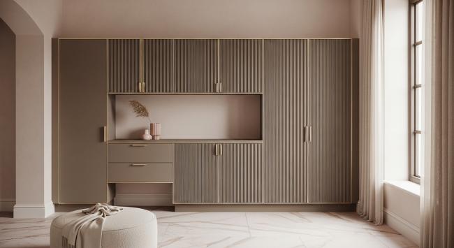shoe storage cabinet installed for residential entryway, dressing room, or bedroom corridor; designed for 12-16 pairs with adjustable shelving with coordinated material palette