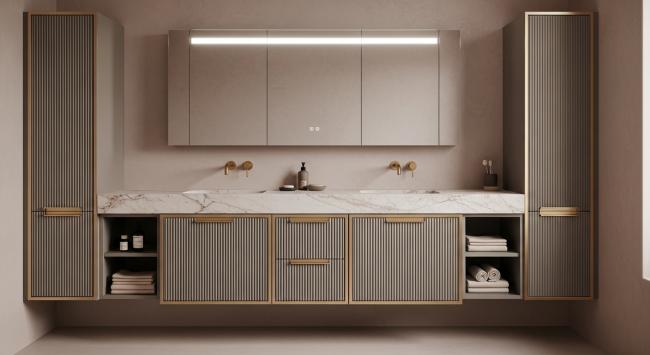 bathroom vanity cabinet installed for master bathroom vanity storage for high-end residential, boutique hospitality, and spa-inspired wellness spaces seeking tonal warmth with premium durability with coordinated material palette