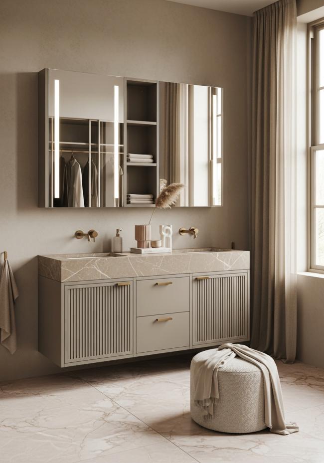 custom bathroom vanity cabinet with steel-based wardrobe panels with matte taupe lacquer finish and 304 stainless steel structure