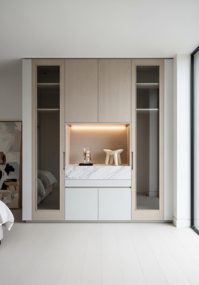 custom bedroom wardrobe with quarter-sawn grain, ultra-matte surface, near-zero sheen, cool blonde tone and 304 stainless steel structure