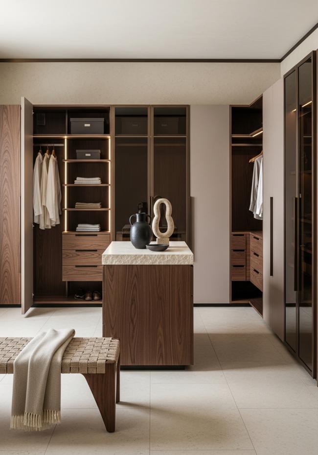 custom custom walk-in closet with open-pore matte finish, horizontal grain direction, zero gloss and 304 stainless steel structure
