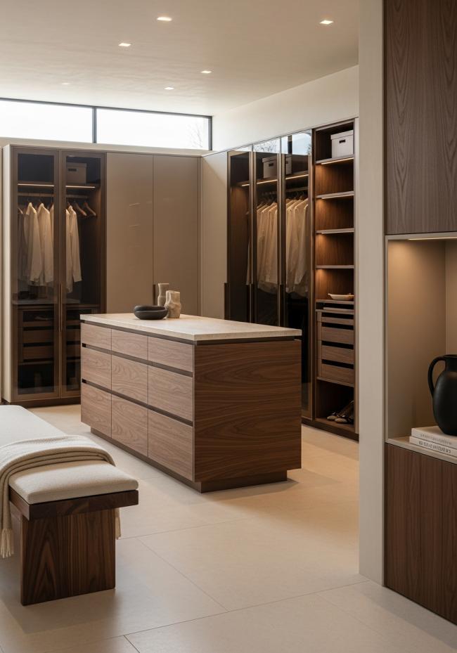 custom walk-in closet showing full module layout and storage planning