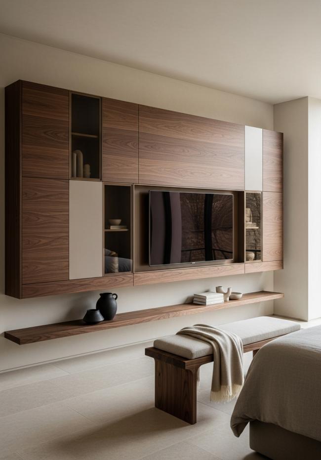 custom tv cabinet with open-pore matte finish, horizontal grain direction, zero gloss and 304 stainless steel structure