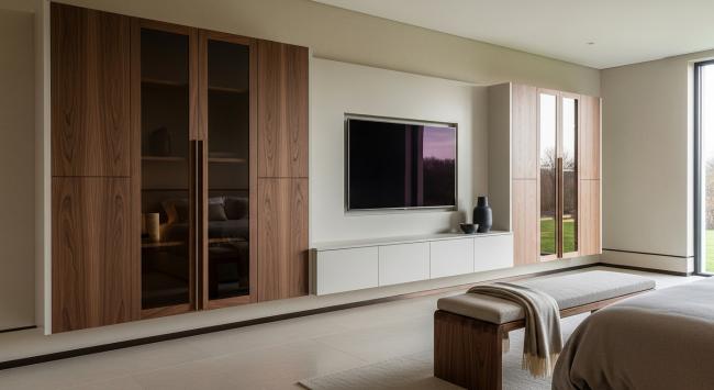tv cabinet installed for primary living room media storage, hotel suite entertainment console, executive residence av furniture with coordinated material palette