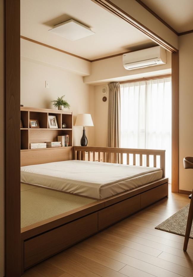custom tatami bed showing full module layout and storage planning