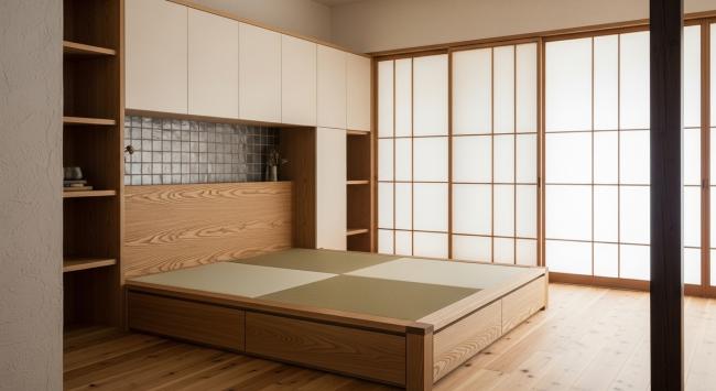 custom tatami bed installed for primary bedroom platform for homeowners seeking meditative calm and integrated storage; suitable for ground-floor japanese-inspired suites or loft spaces with east-facing morning light with coordinated material palette