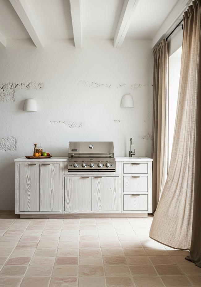custom outdoor cabinet with pale silvery-grey tone, visible grain texture, matte dry surface, sun-bleached appearance and 304 stainless steel structure