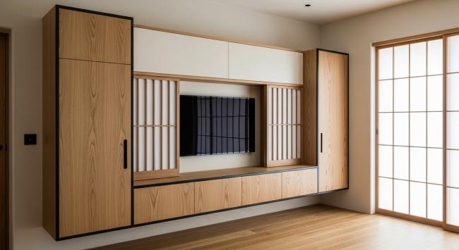 tv cabinet installed for primary living room media storage, bedroom tv console, hospitality suite entertainment unit, wellness space technology integration, residential projects seeking calm minimalism with coordinated material palette